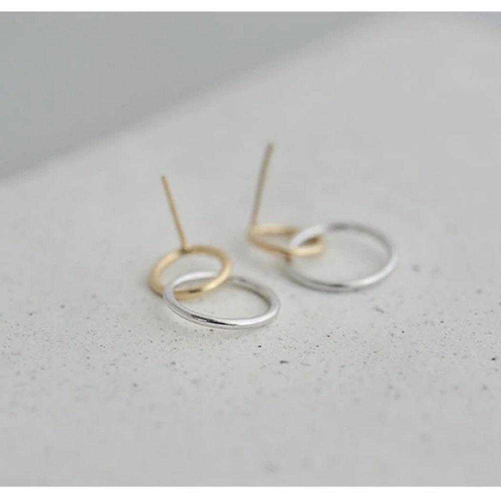 Sterling Silver Two Tone Double Circle Earrings - Picture 6 of 8